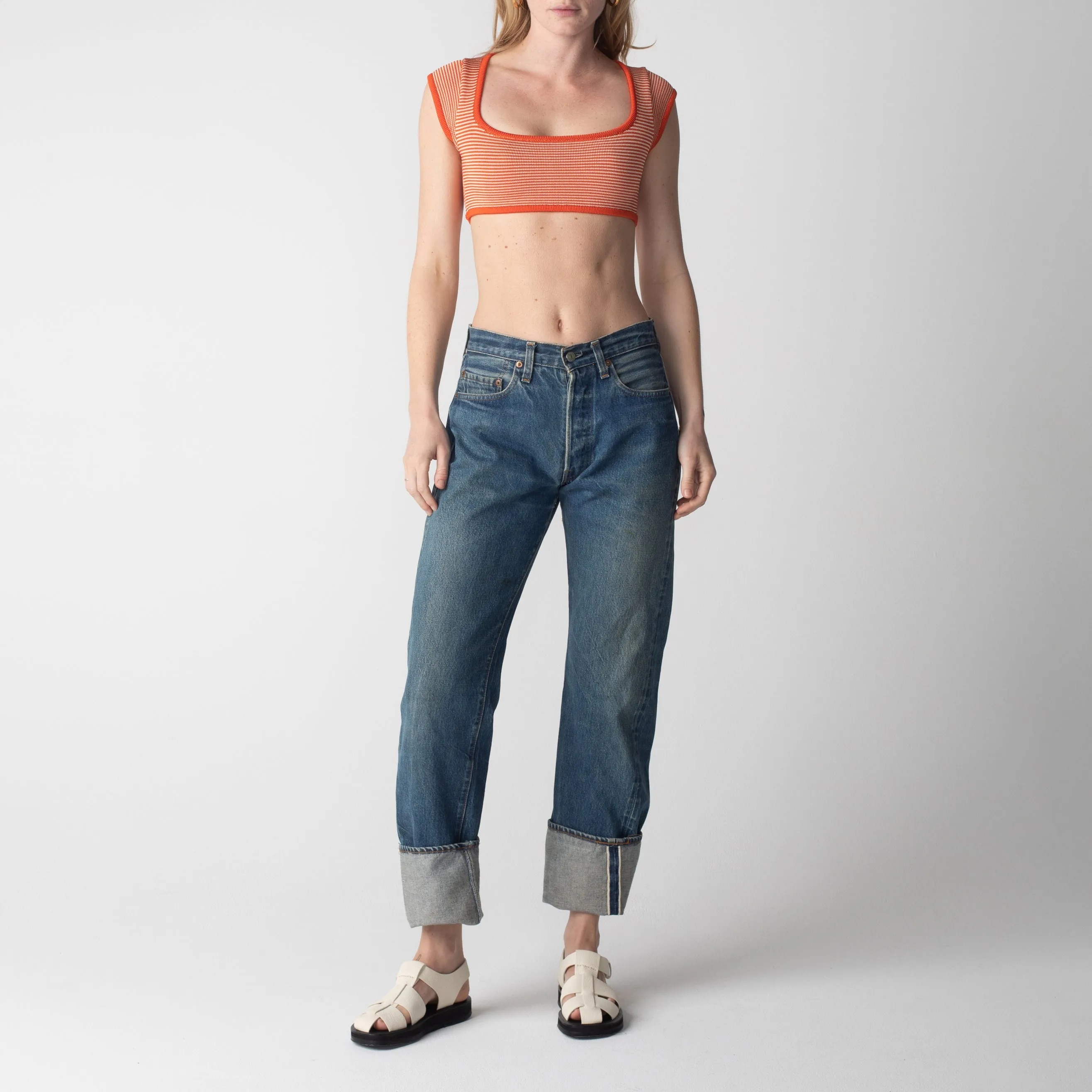 Micro Stripe Cap Sleeve Crop Top