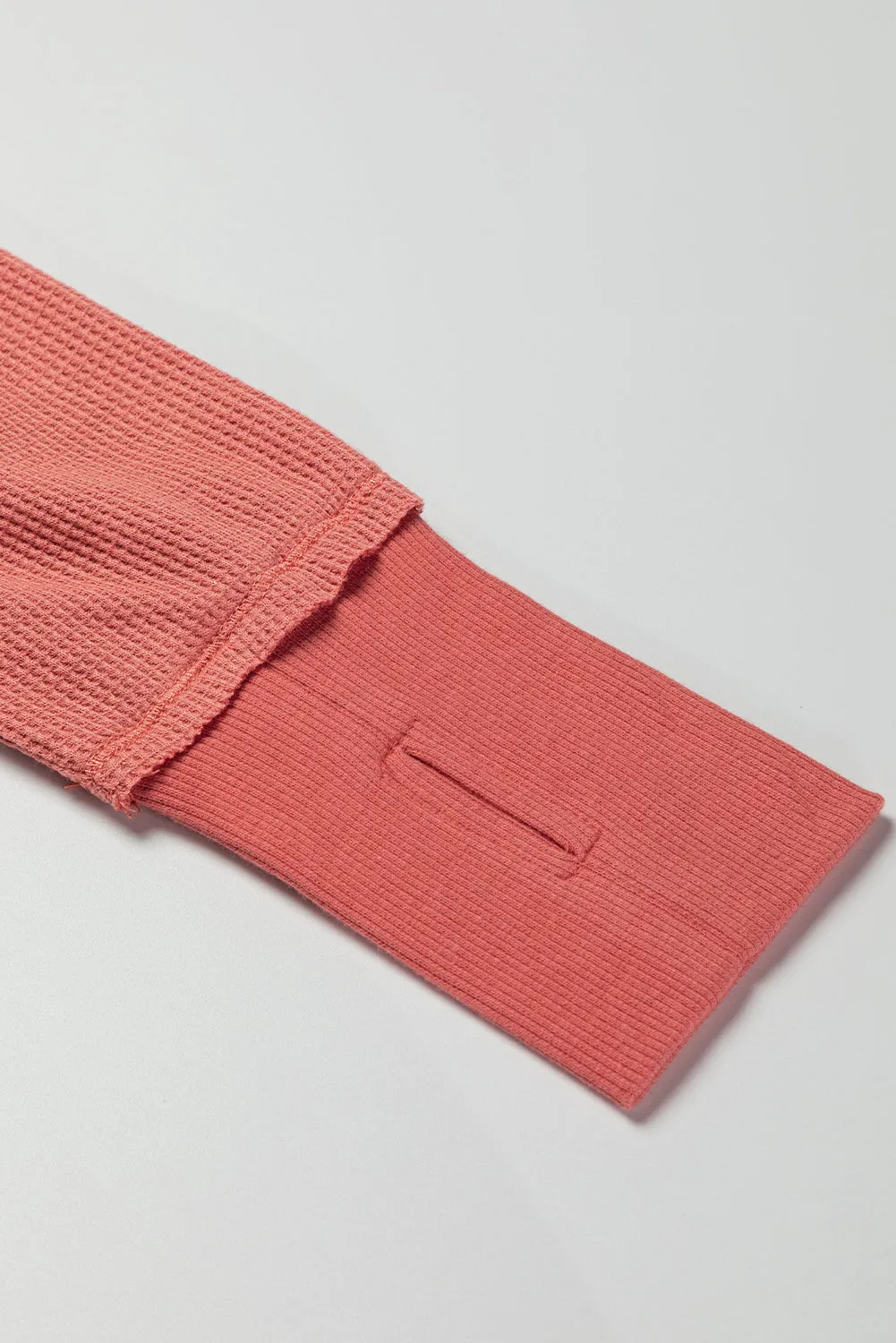 Mineral Red Exposed Seam Slit Neck Waffle Knit Patchwork Top