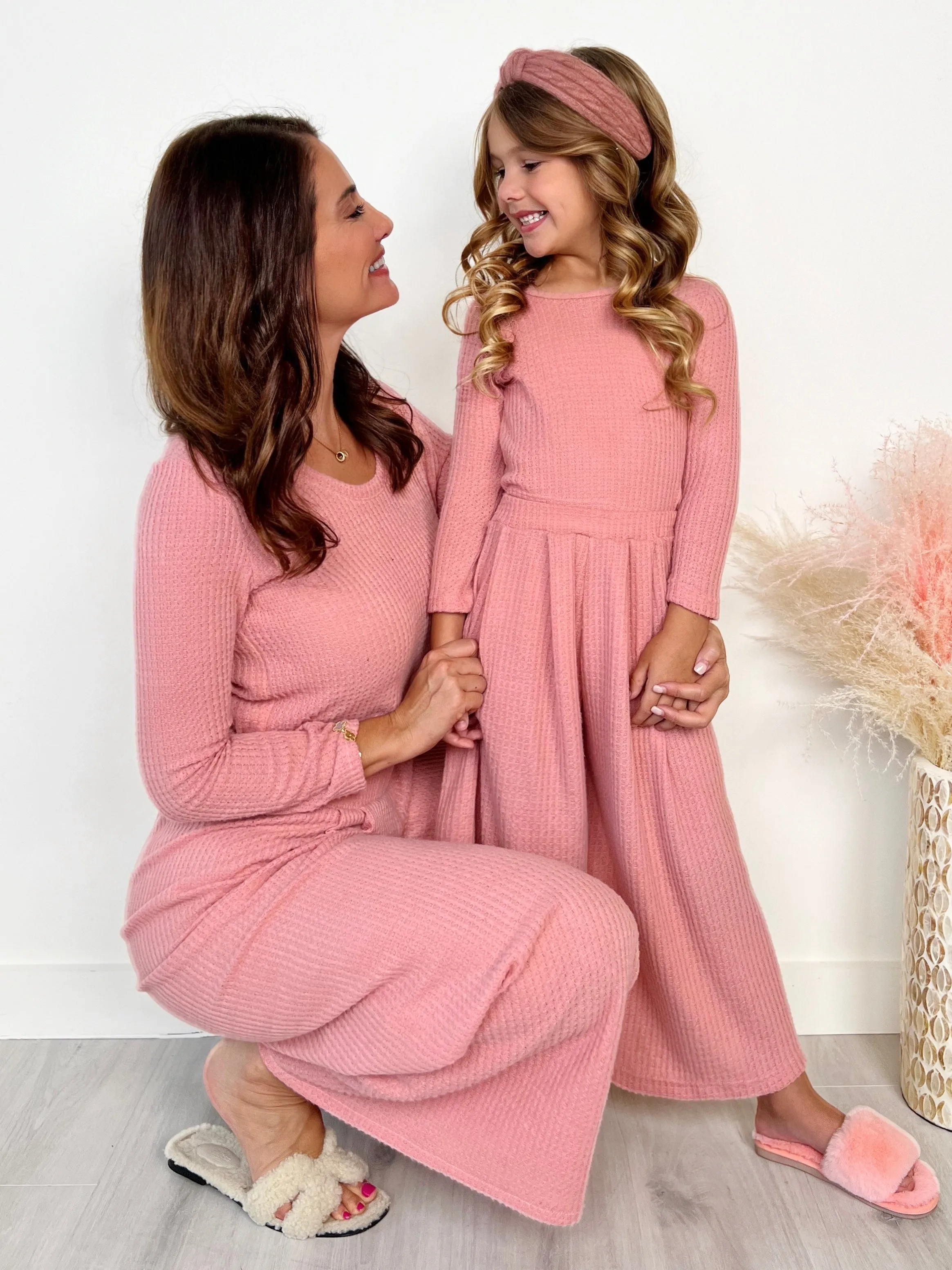 Mommy And Me Chic Pink Waffle Knit Pant Set