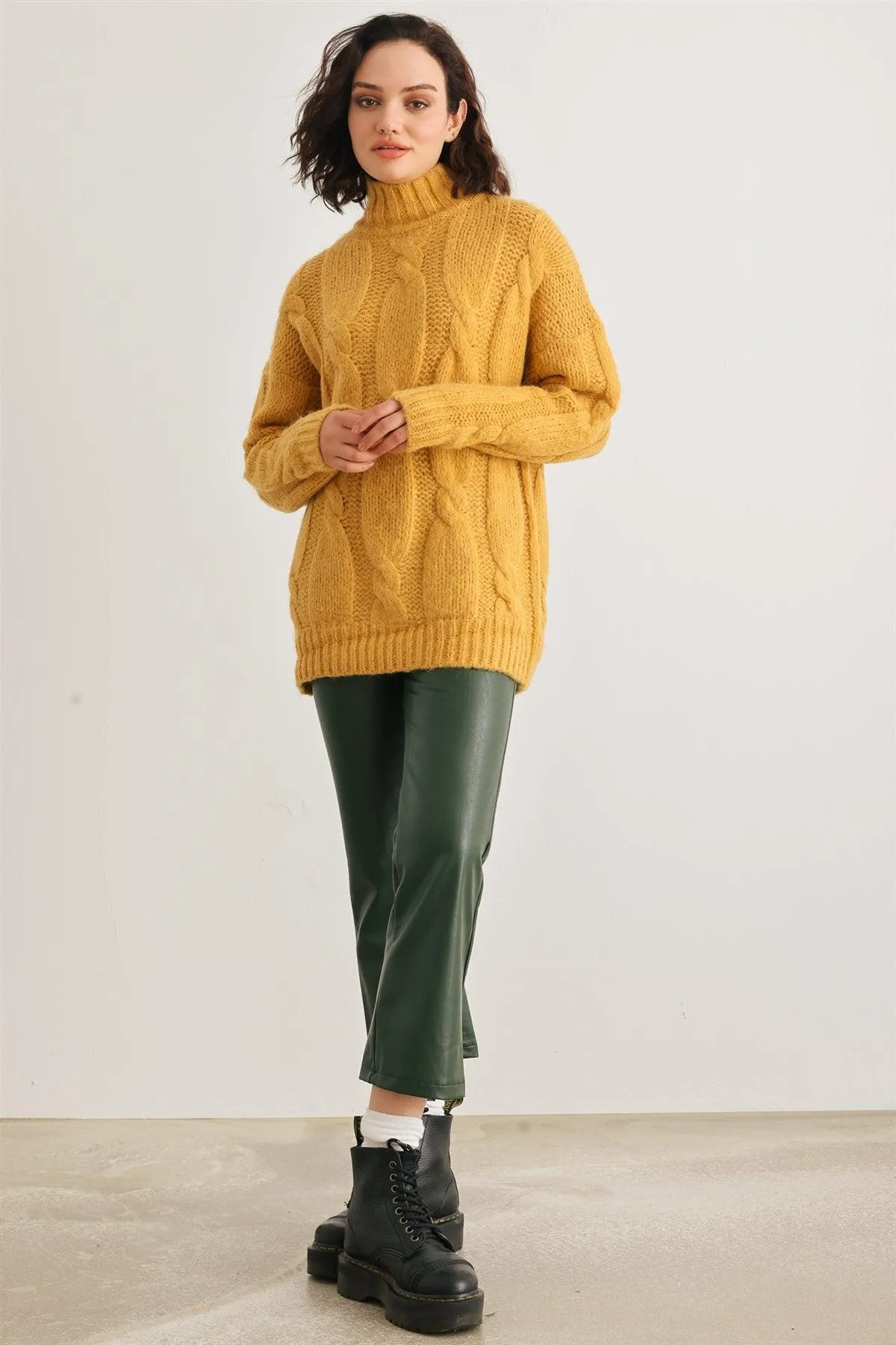 Mustard Cable Knit Turtle Neck Long Sleeve Sweater /1-1-1