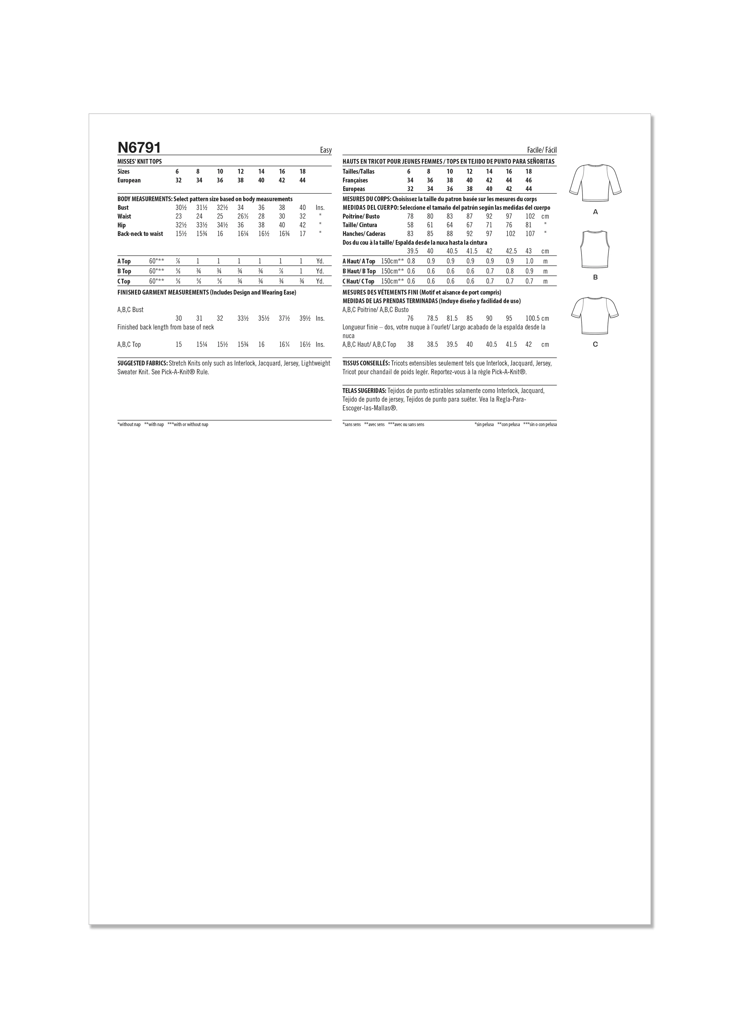 New Look sewing pattern 6791 Misses' Knit Tops