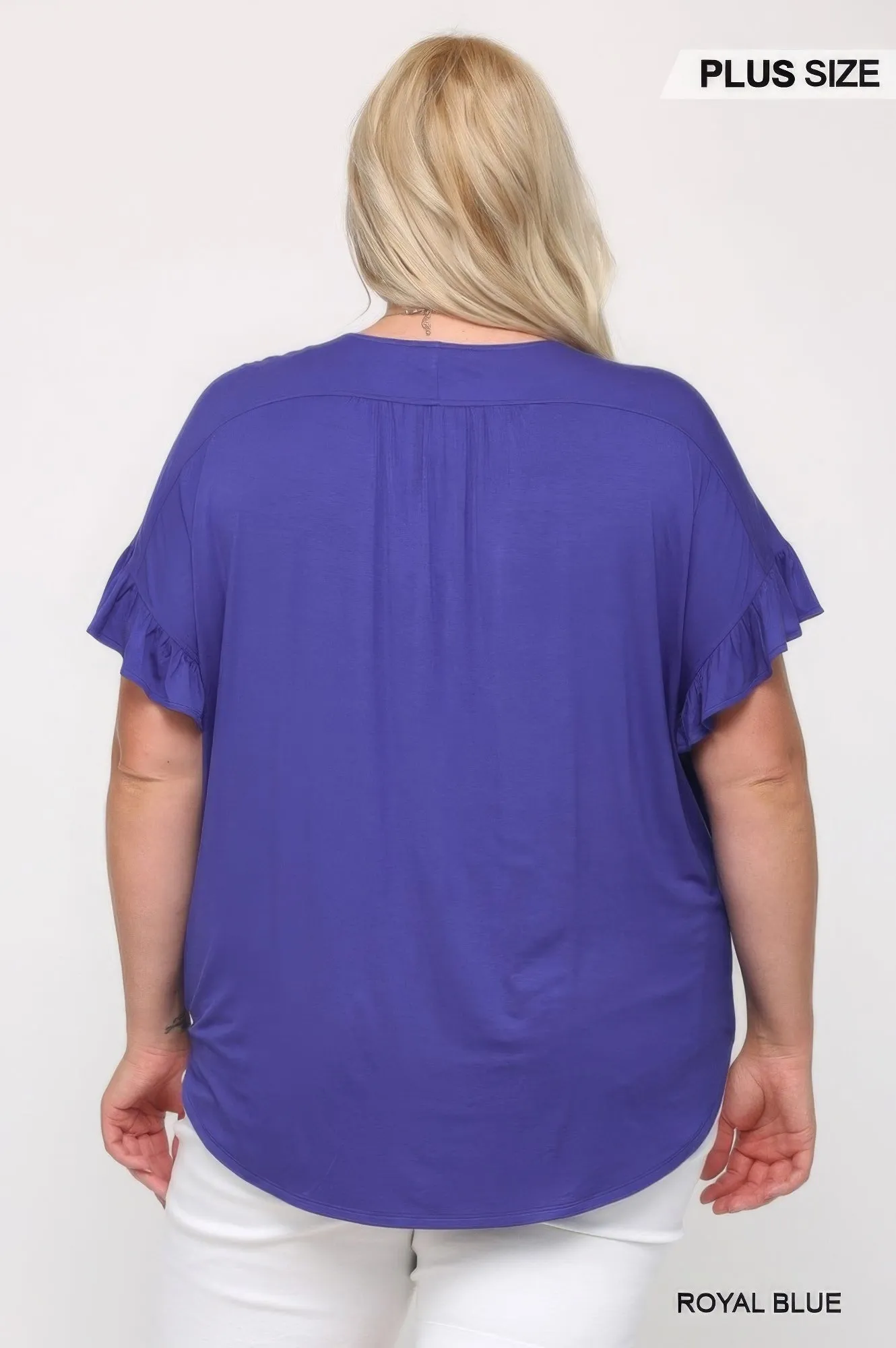 NicholesGifts Plus Size Women Solid Purple Knit Surplice Top With Ruffle Sleeve