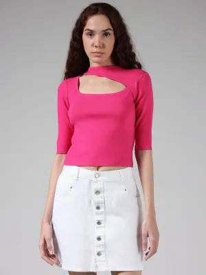 Nuon Solid Pink Neck Cut-Out Knit Top