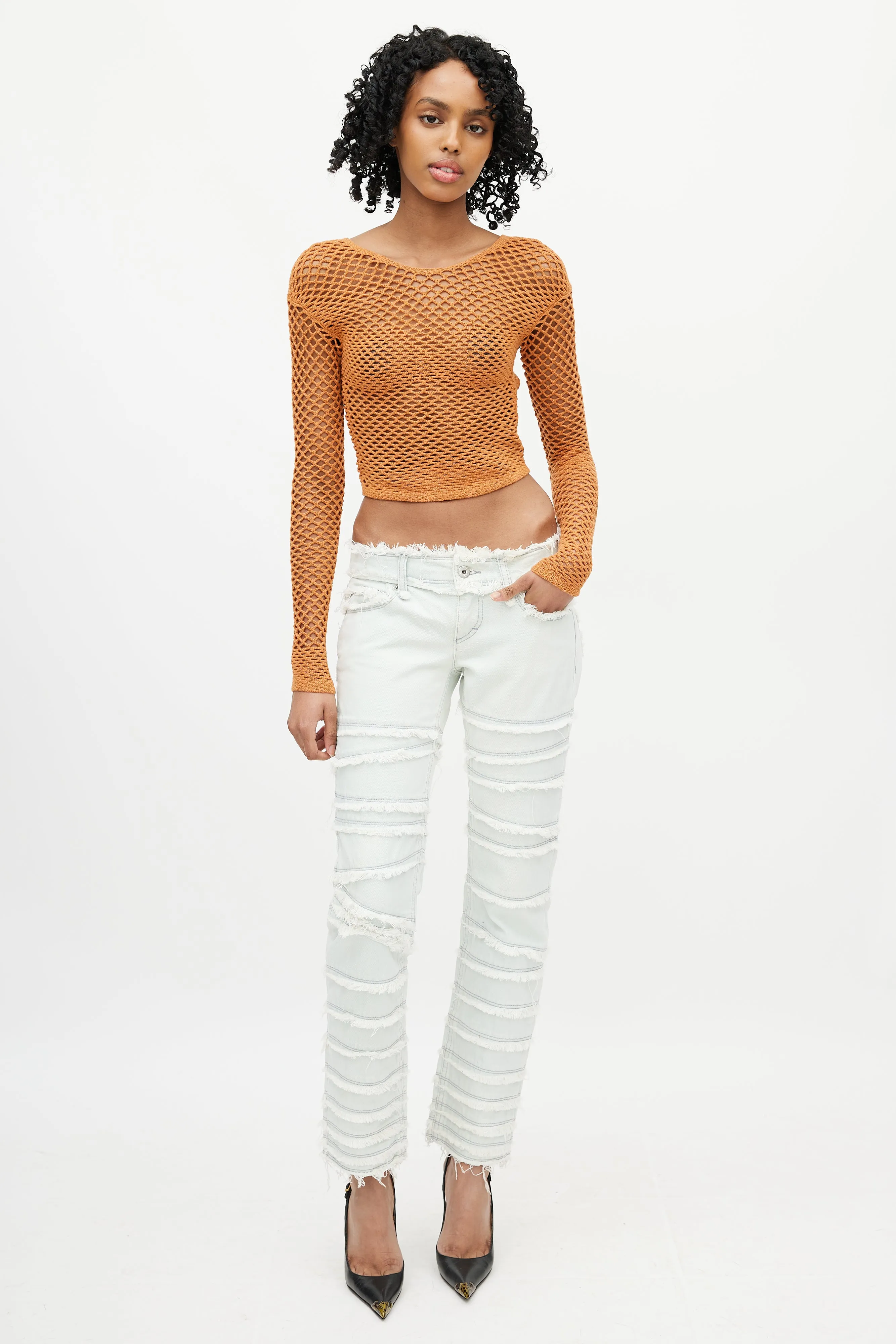 Orange Knit Fishnet Top