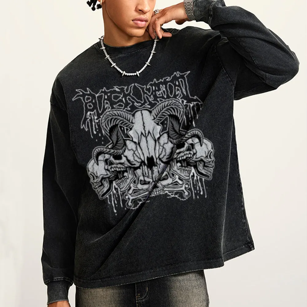 Oversized Vintage Washed Gothic Skull Graphic Sweatshirt