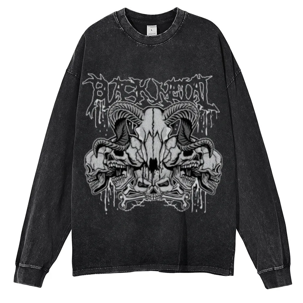 Oversized Vintage Washed Gothic Skull Graphic Sweatshirt