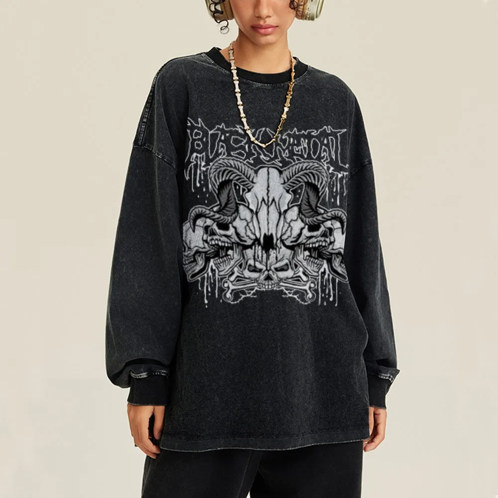 Oversized Vintage Washed Gothic Skull Graphic Sweatshirt