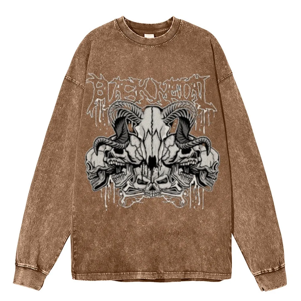 Oversized Vintage Washed Gothic Skull Graphic Sweatshirt