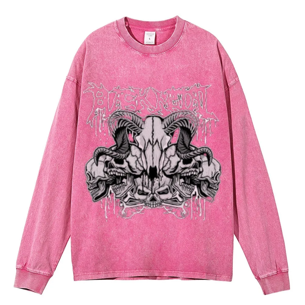 Oversized Vintage Washed Gothic Skull Graphic Sweatshirt