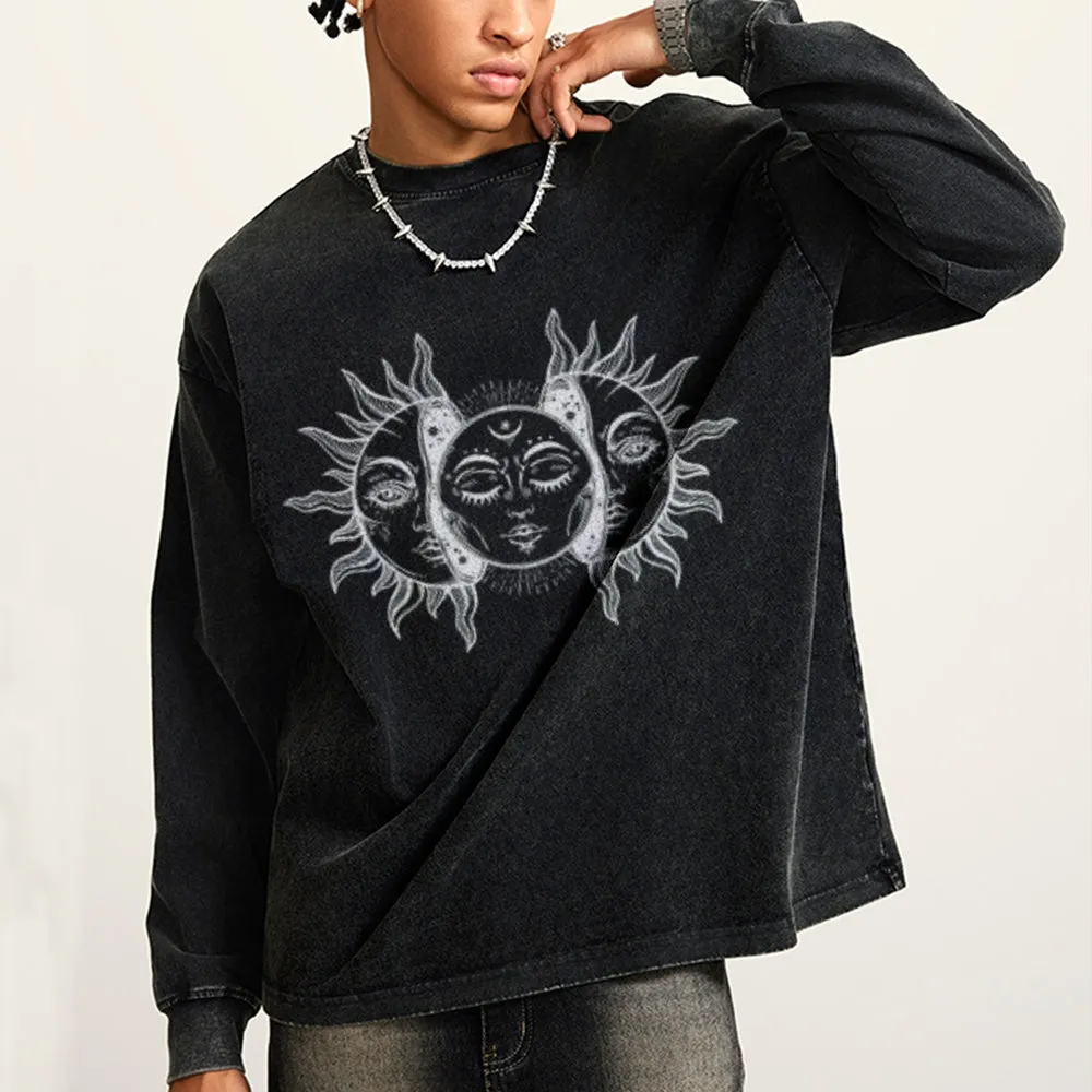 Oversized Vintage Washed Sun and Moon Graphic Sweatshirt