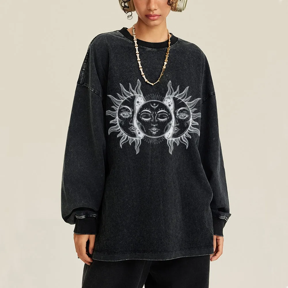 Oversized Vintage Washed Sun and Moon Graphic Sweatshirt