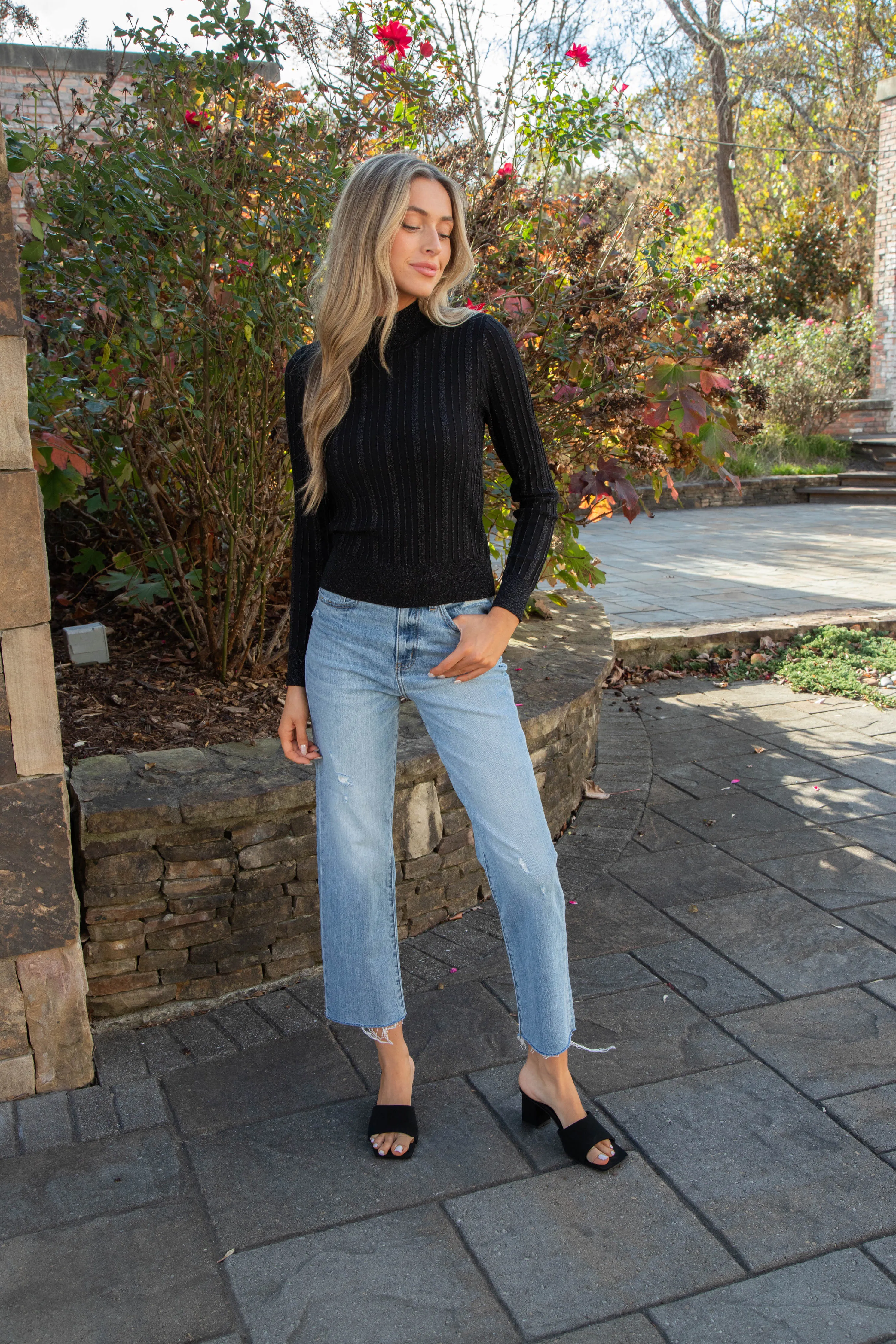 Pamela Metallic Cable Knit Sweater, Black | Steve Madden