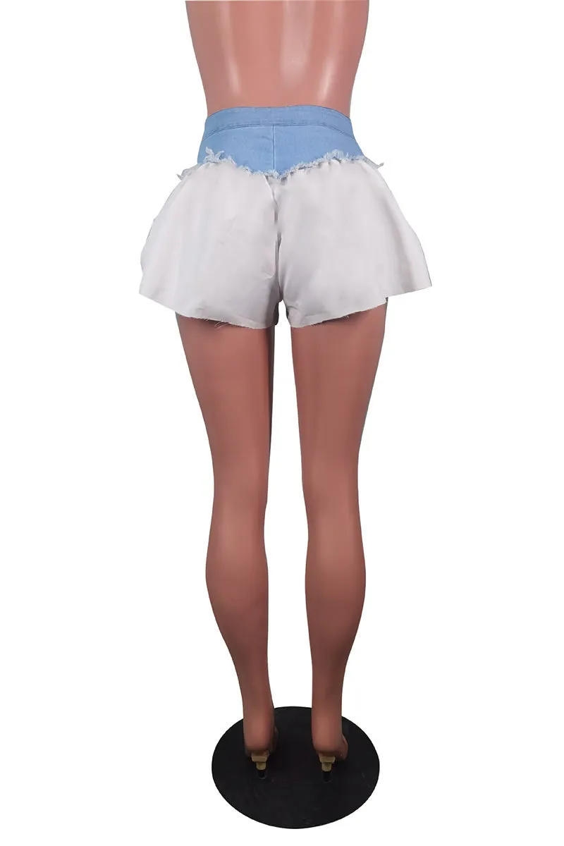 PD219 Ruffle Mixed Denim Shorts