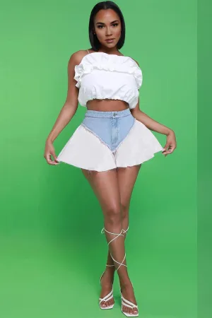 PD219 Ruffle Mixed Denim Shorts
