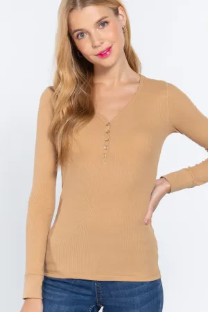 Pecan Brown Casual Long Sleeve V Neck Button Up Trendy Slim Fit Placket Thermal Top_