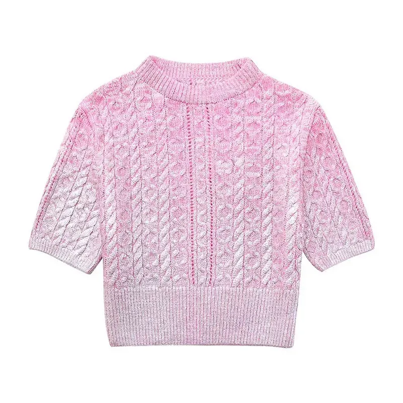 Pink Metallic Short Charming Sleeve Knit Top