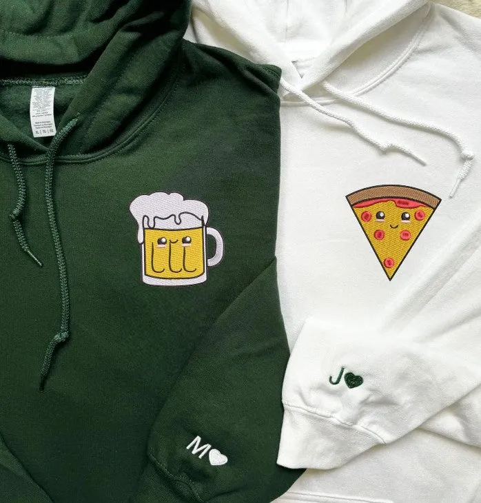 Pizza and Beer Embroidered Matching Couple Hoodies - Personalized Embroidered Sweatshirts For Couples