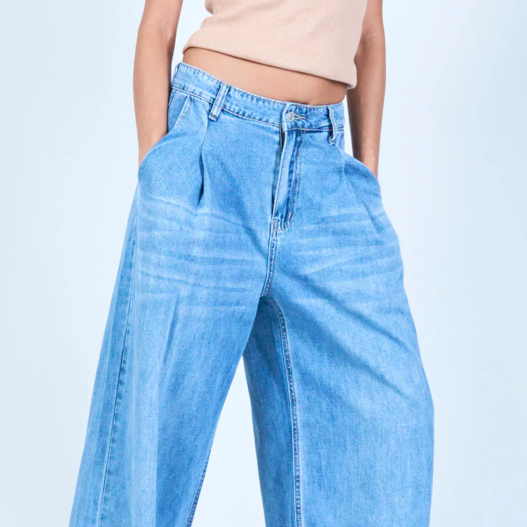Pleated straight-leg denim trousers wholesale