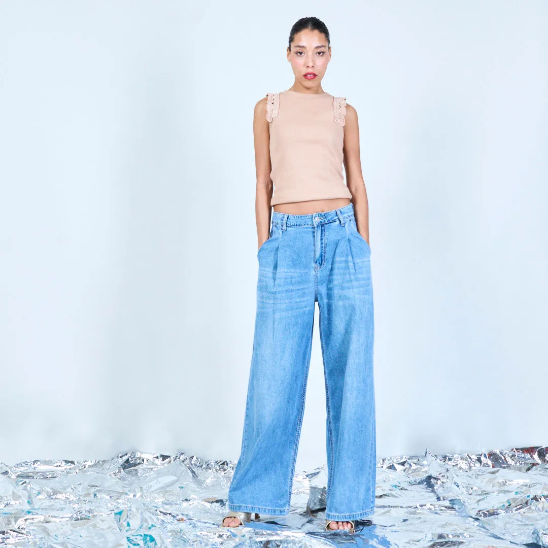 Pleated straight-leg denim trousers wholesale
