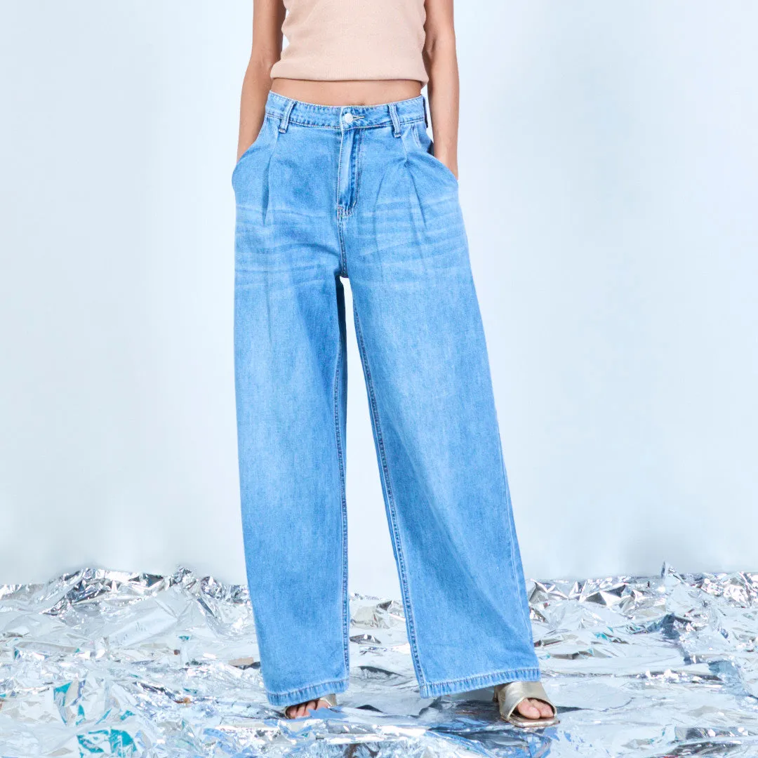 Pleated straight-leg denim trousers wholesale