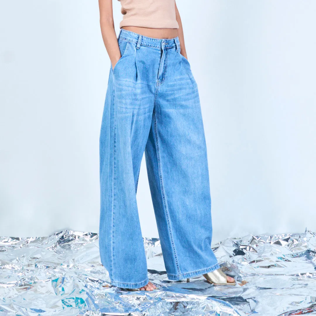 Pleated straight-leg denim trousers wholesale
