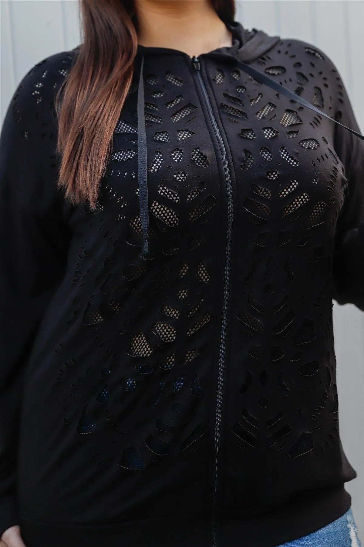 Plus Size Cut-Out Fishnet Zip-Up Hoodie Sweatshirt