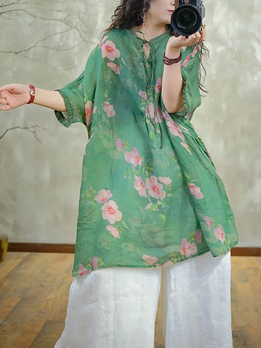 Plus Size Women Vintage 100%Ramie Flower Starp Shirt IO1031