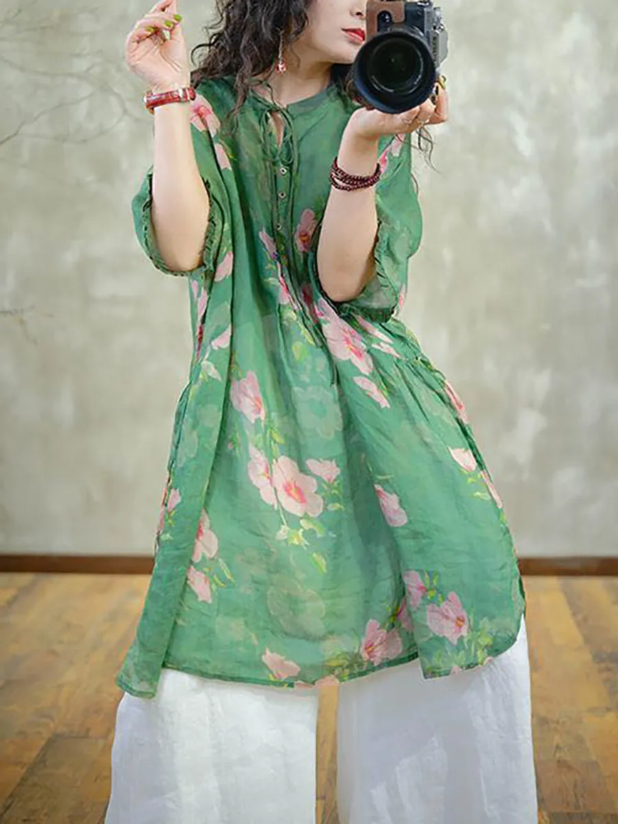 Plus Size Women Vintage 100%Ramie Flower Starp Shirt IO1031