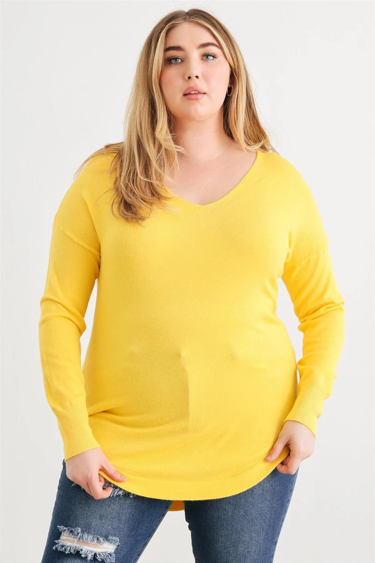 Plus Size Yellow Knit Curved Hem Top /2-1-1