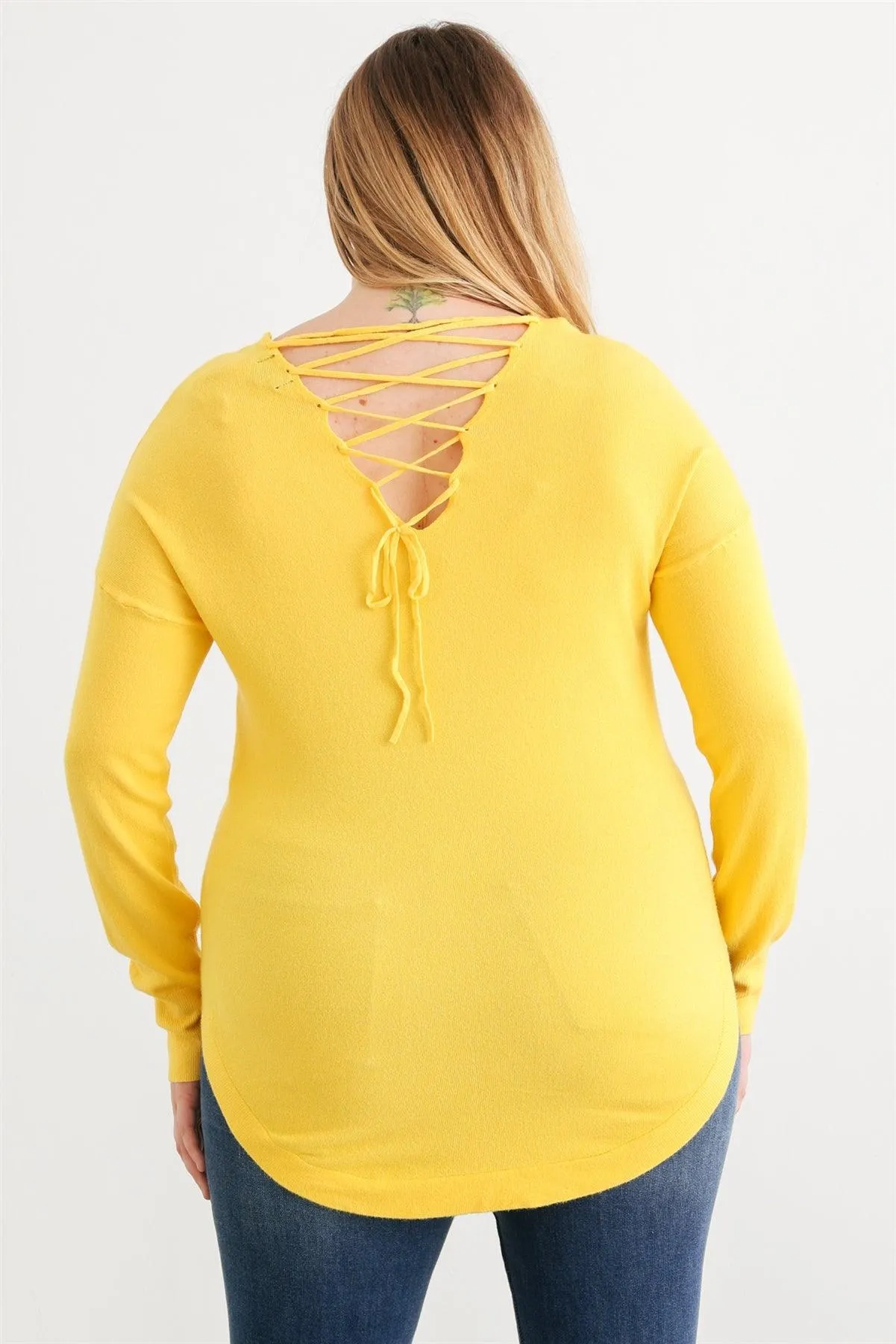 Plus Size Yellow Knit Curved Hem Top /2-1-1