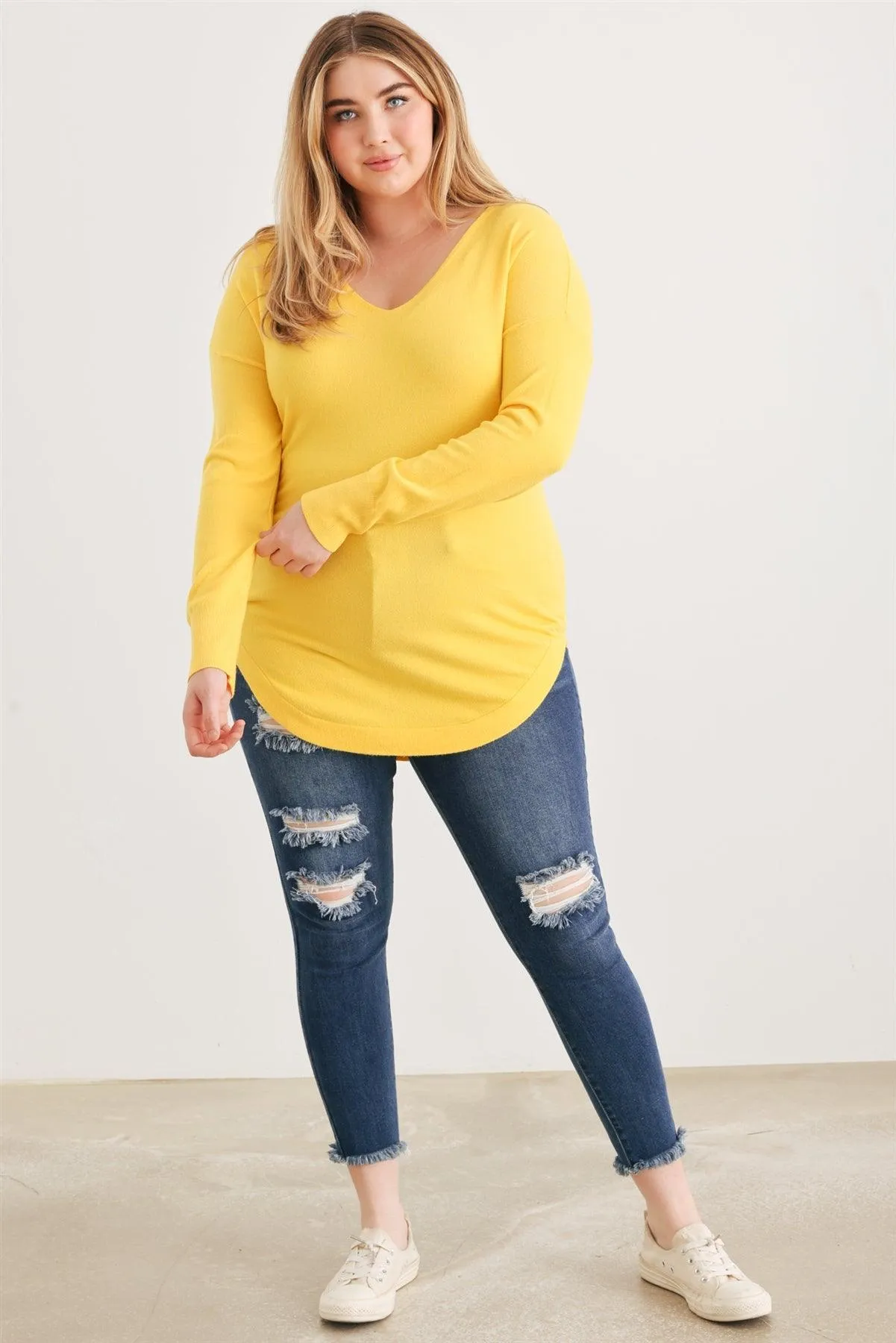 Plus Size Yellow Knit Curved Hem Top /2-1-1