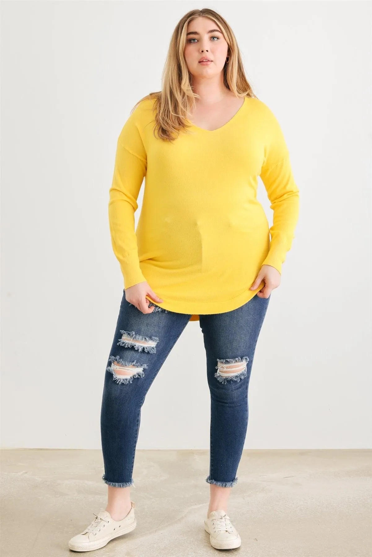 Plus Size Yellow Knit Curved Hem Top /2-1-1