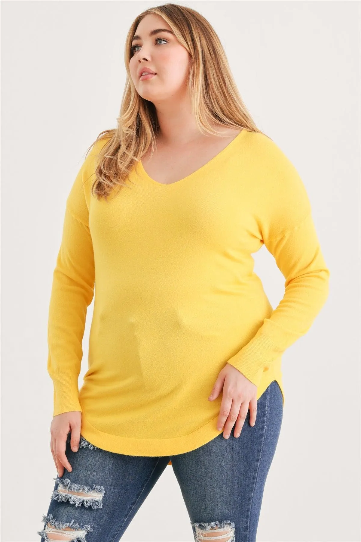 Plus Size Yellow Knit Curved Hem Top /2-1-1