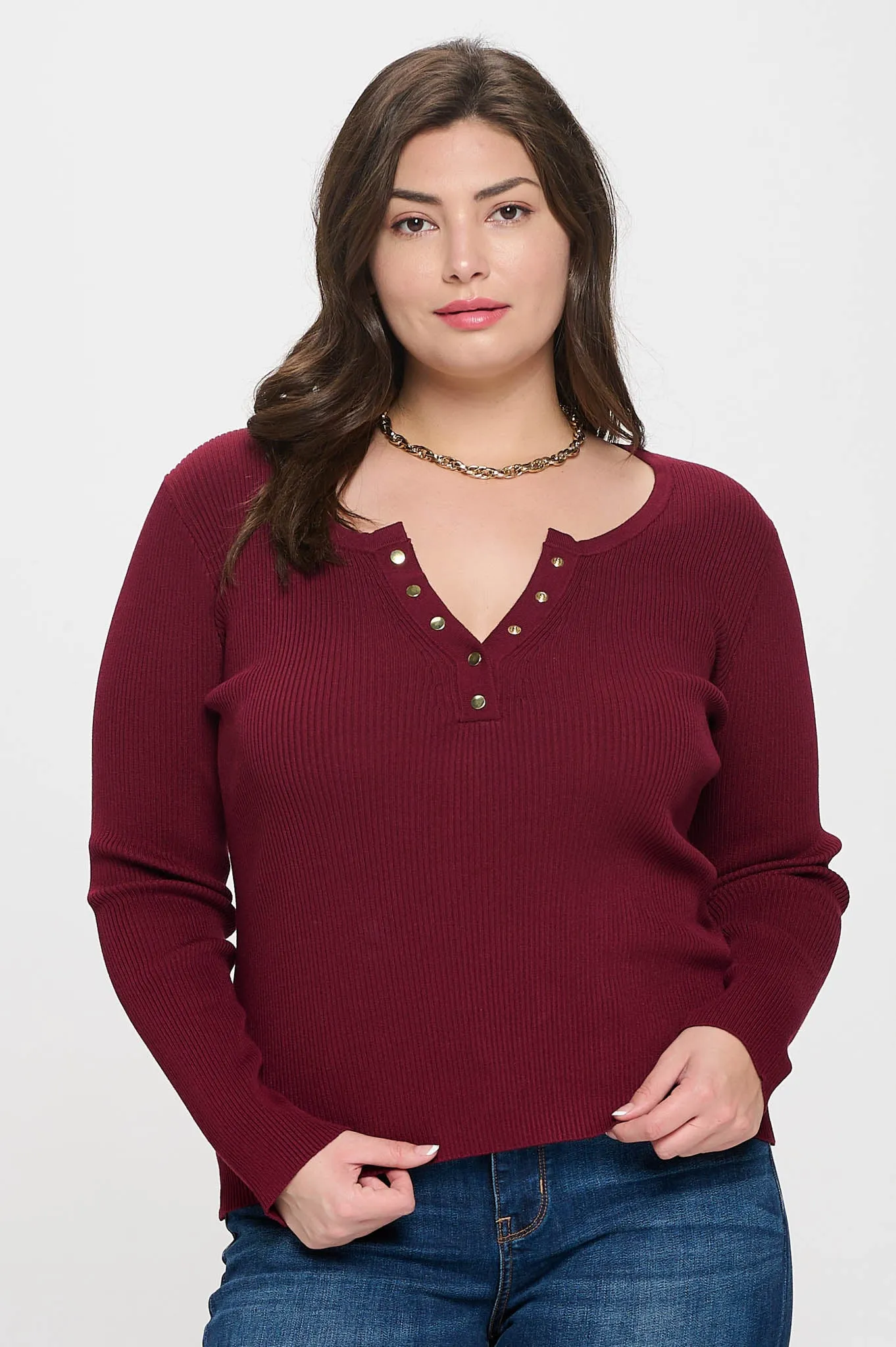 PLUS SOLID LONG SLEEVE HENLEY SWEATER KNIT TOP