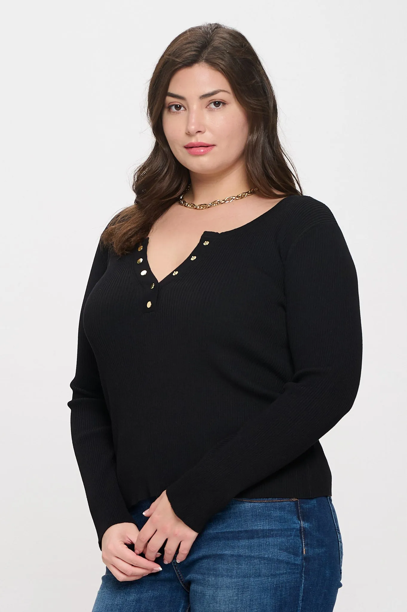 PLUS SOLID LONG SLEEVE HENLEY SWEATER KNIT TOP