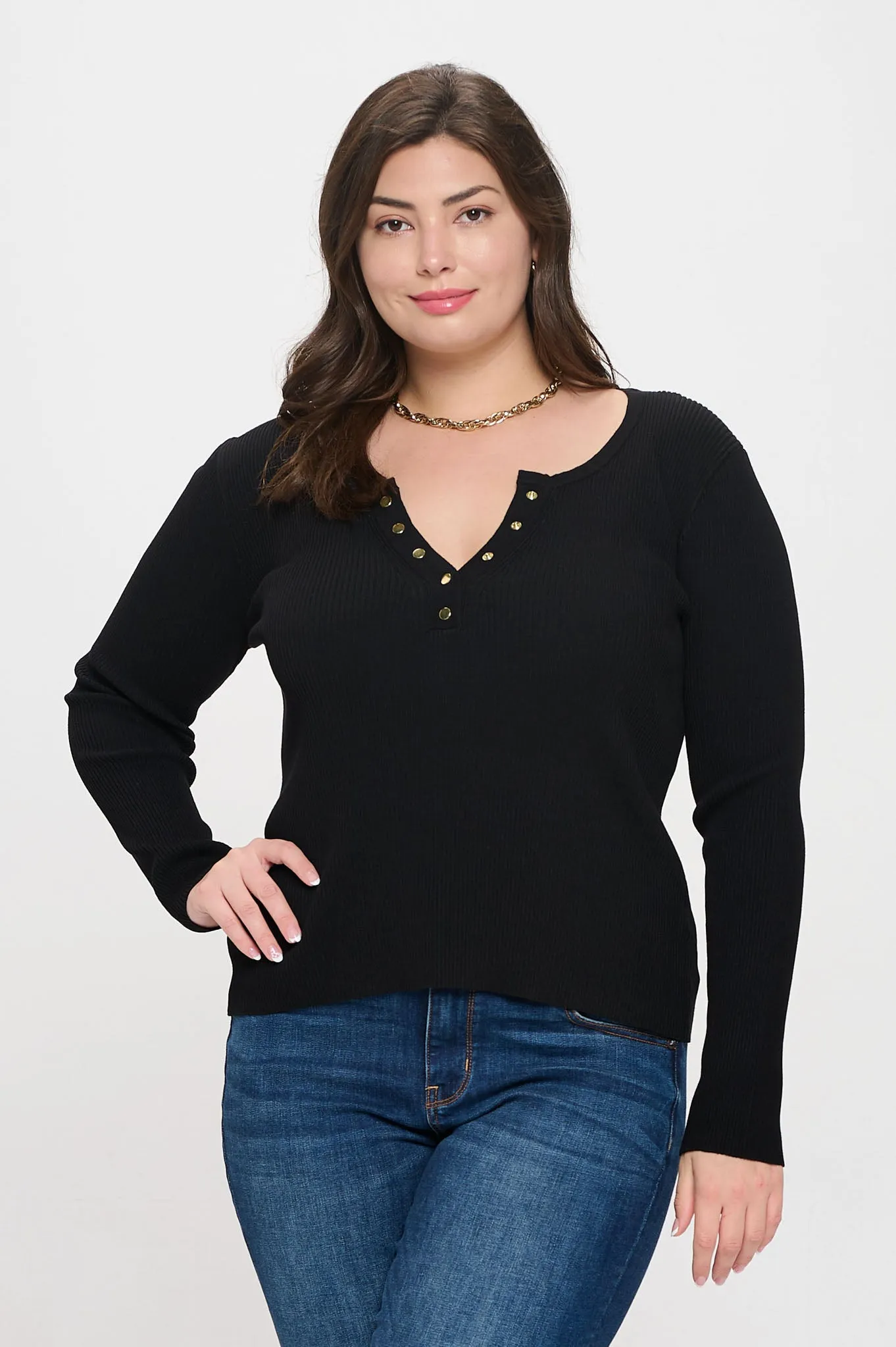 PLUS SOLID LONG SLEEVE HENLEY SWEATER KNIT TOP