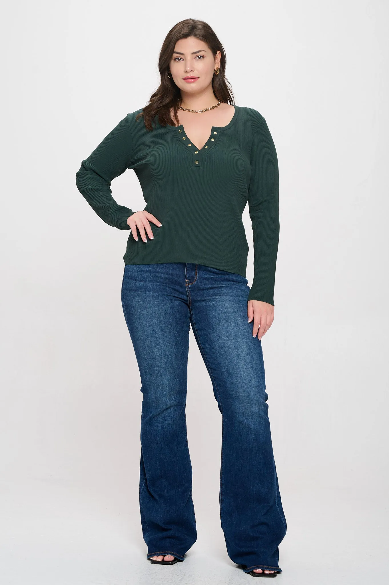 PLUS SOLID LONG SLEEVE HENLEY SWEATER KNIT TOP
