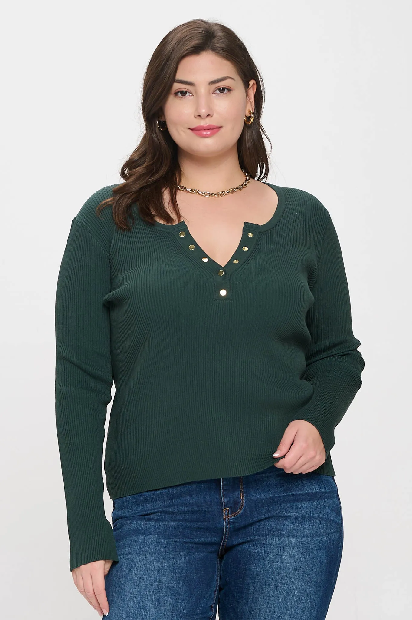 PLUS SOLID LONG SLEEVE HENLEY SWEATER KNIT TOP
