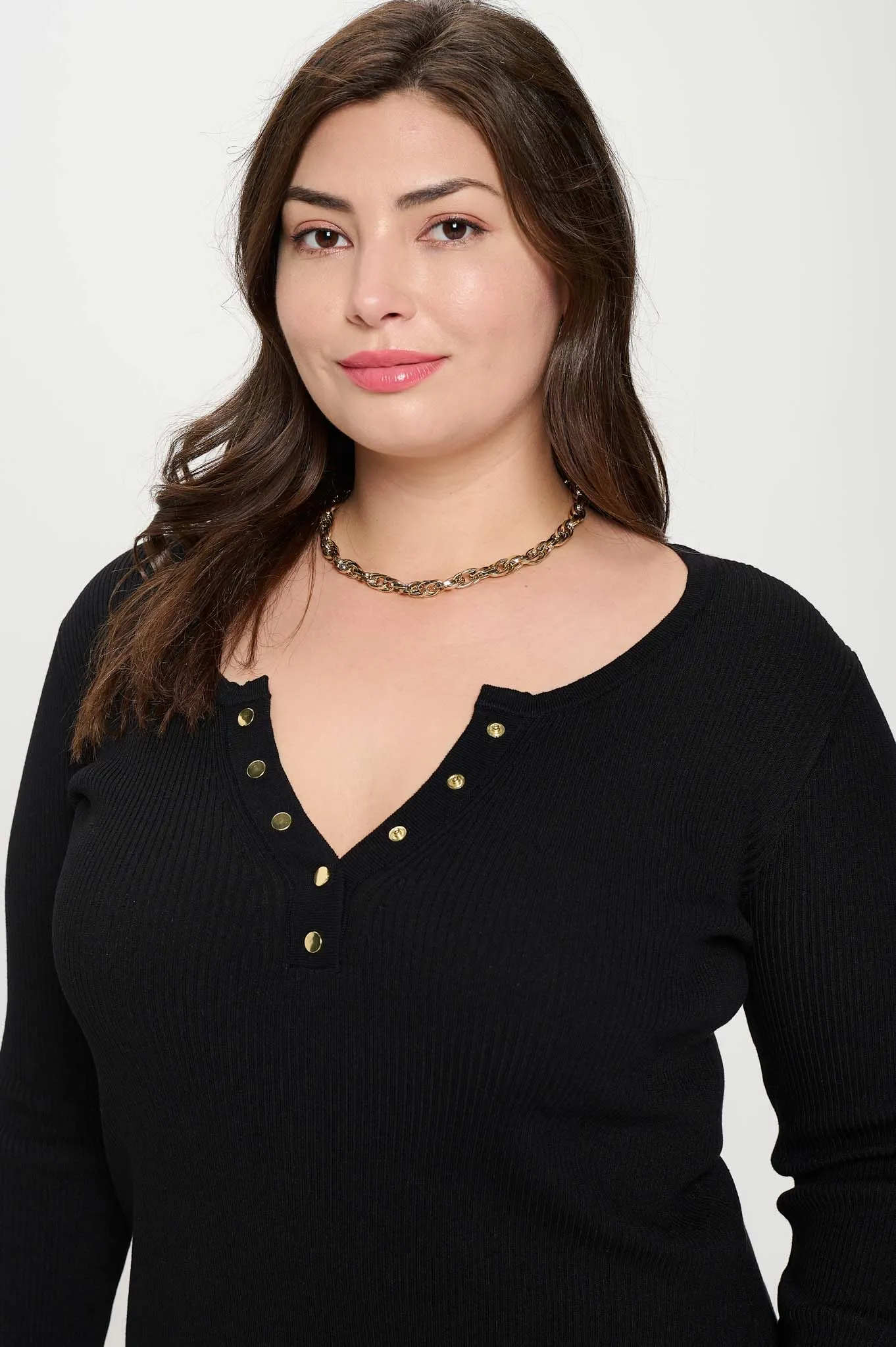 PLUS SOLID LONG SLEEVE HENLEY SWEATER KNIT TOP