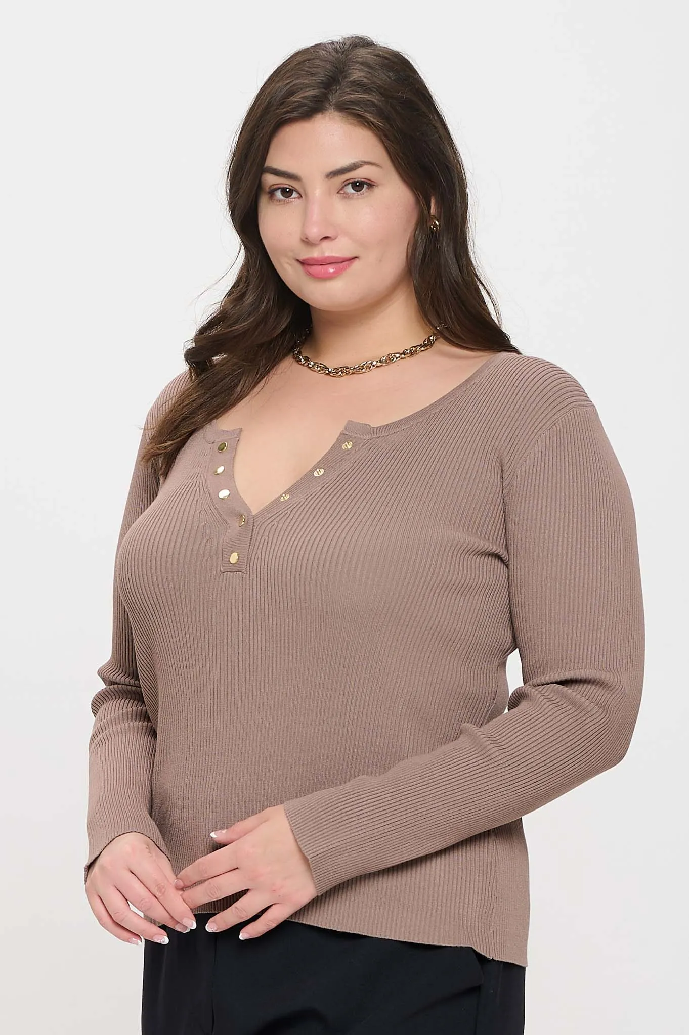 PLUS SOLID LONG SLEEVE HENLEY SWEATER KNIT TOP