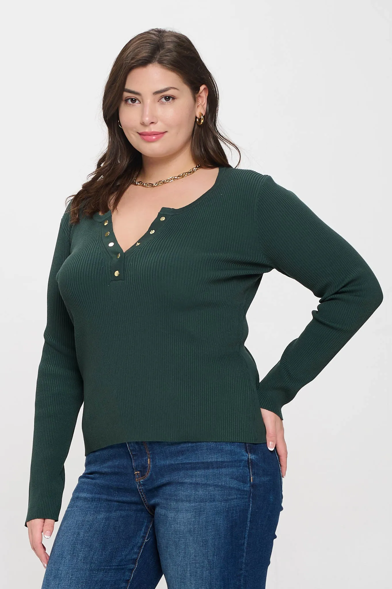 PLUS SOLID LONG SLEEVE HENLEY SWEATER KNIT TOP