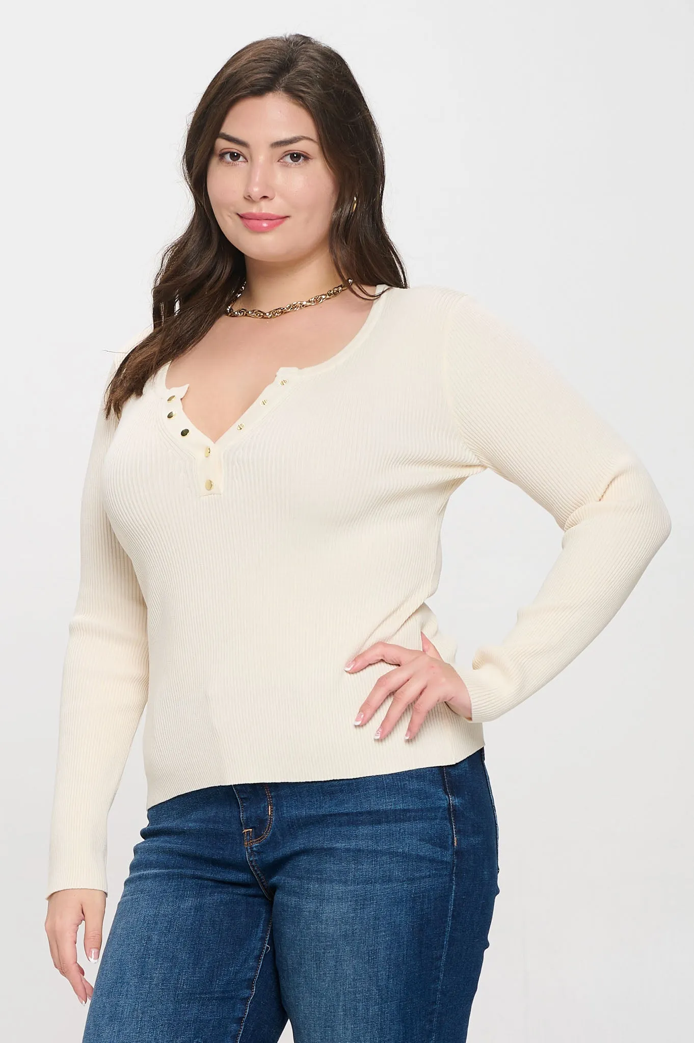 PLUS SOLID LONG SLEEVE HENLEY SWEATER KNIT TOP