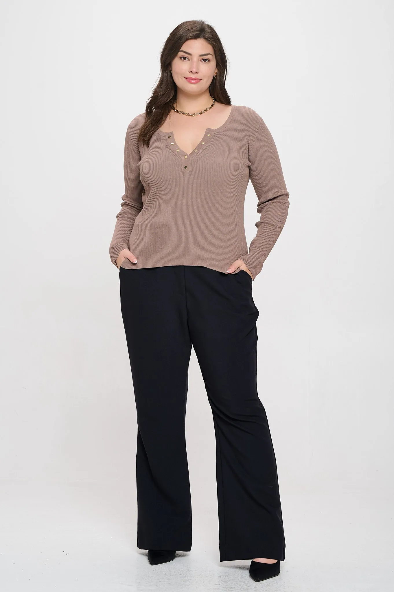 PLUS SOLID LONG SLEEVE HENLEY SWEATER KNIT TOP