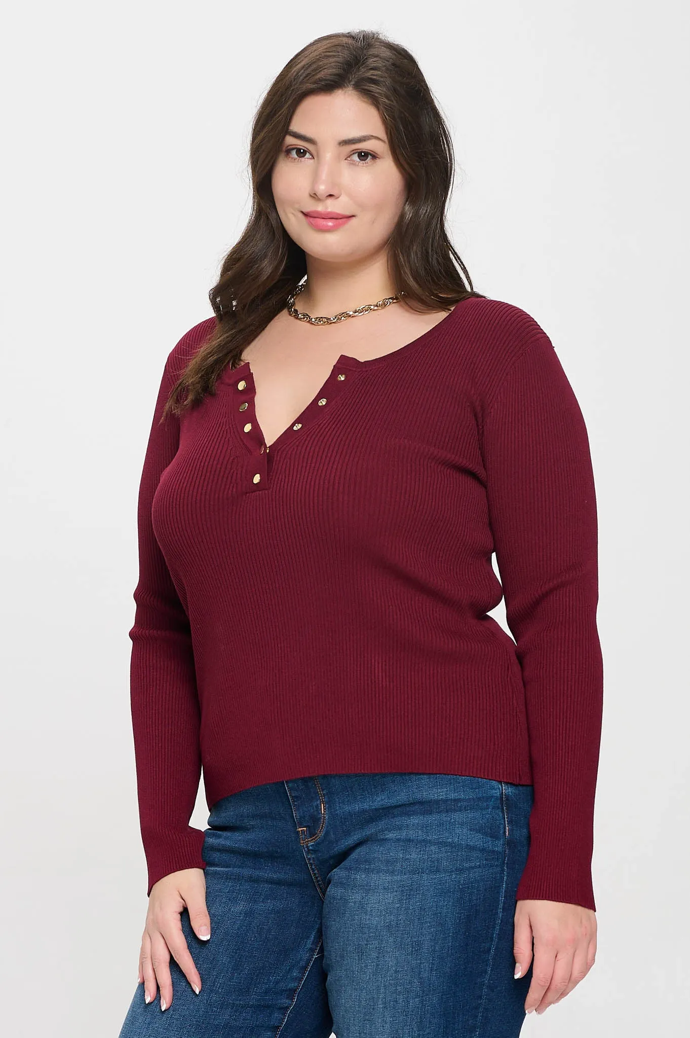 PLUS SOLID LONG SLEEVE HENLEY SWEATER KNIT TOP