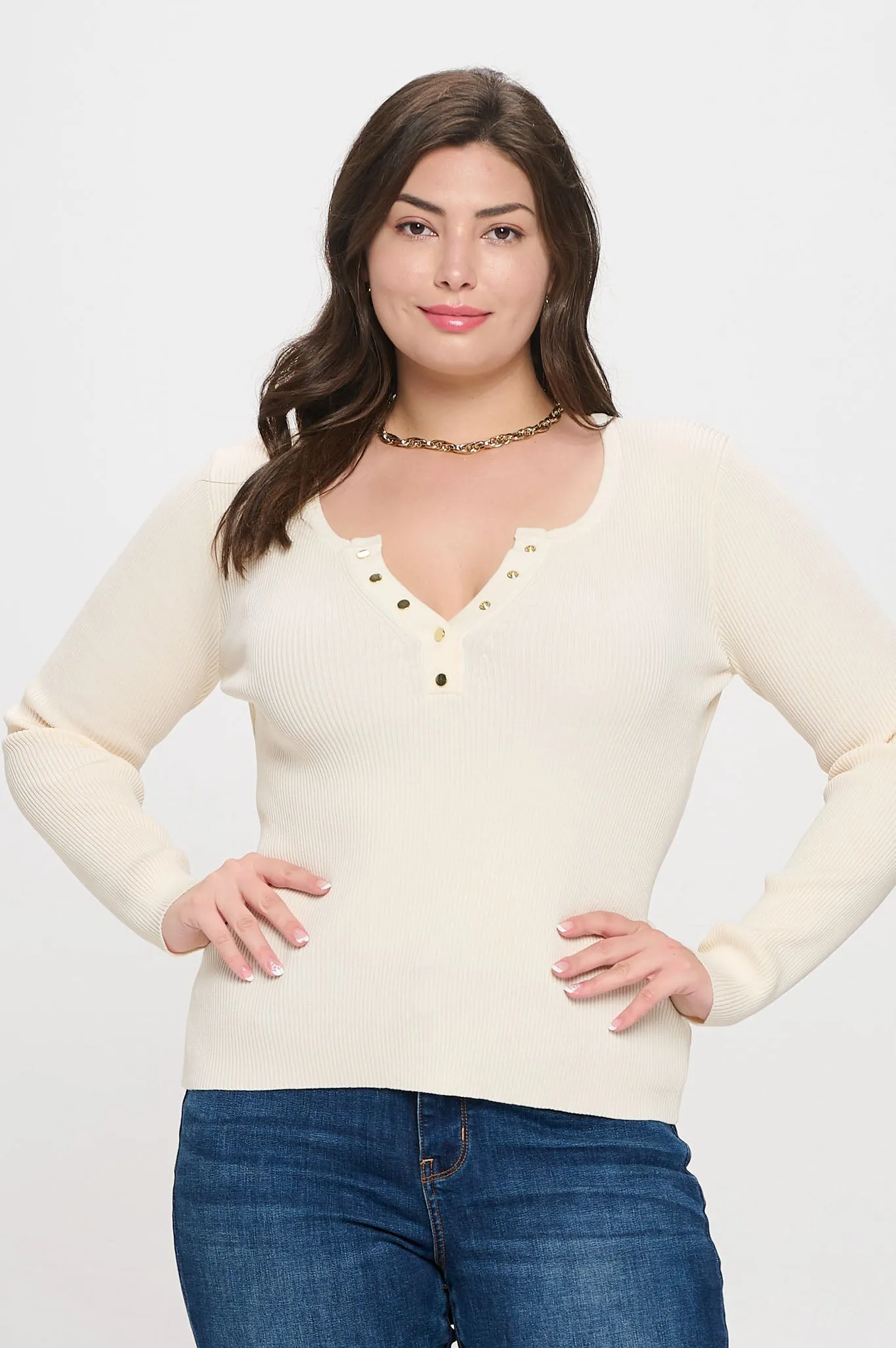 PLUS SOLID LONG SLEEVE HENLEY SWEATER KNIT TOP