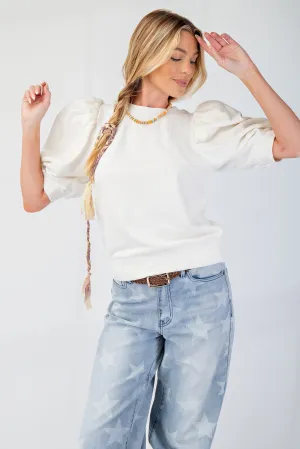 Puff Sleeves Melange Terry Knit Top