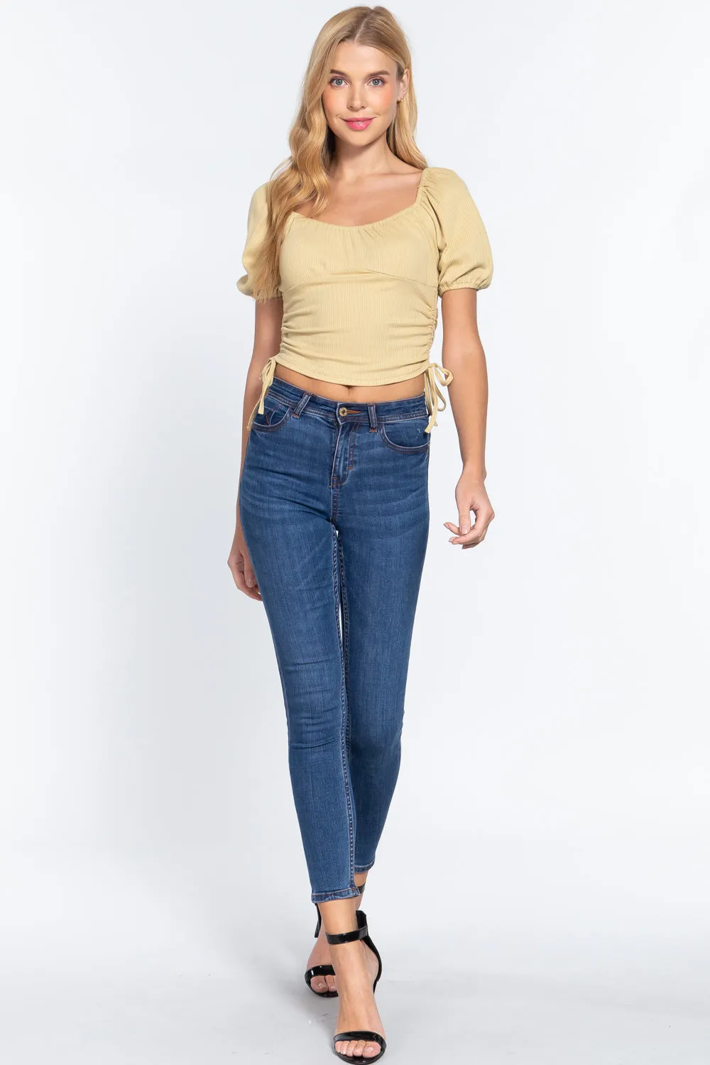 Puff Slv Side Shirring Rib Knit Top