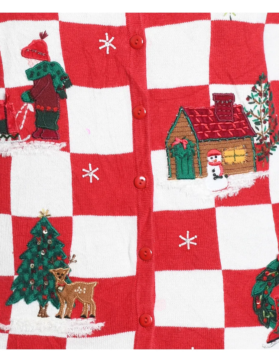 Red & White Appliqued Christmas Cardigan  - L