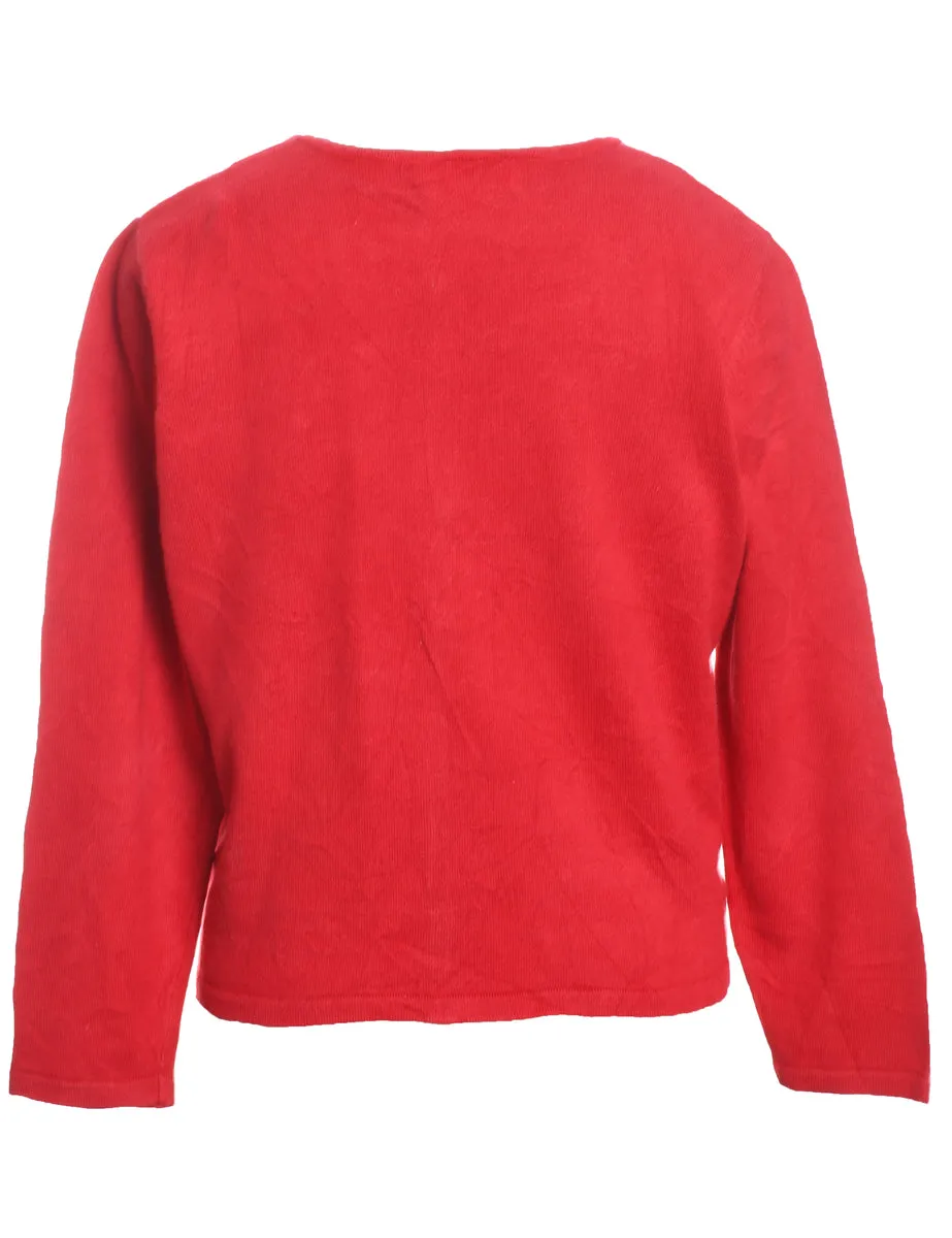 Red & White Appliqued Christmas Cardigan  - L