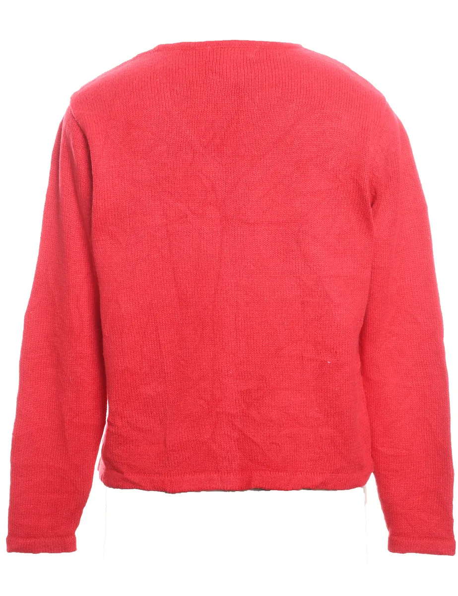 Red Knit Snowman Design Christmas Cardigan - M